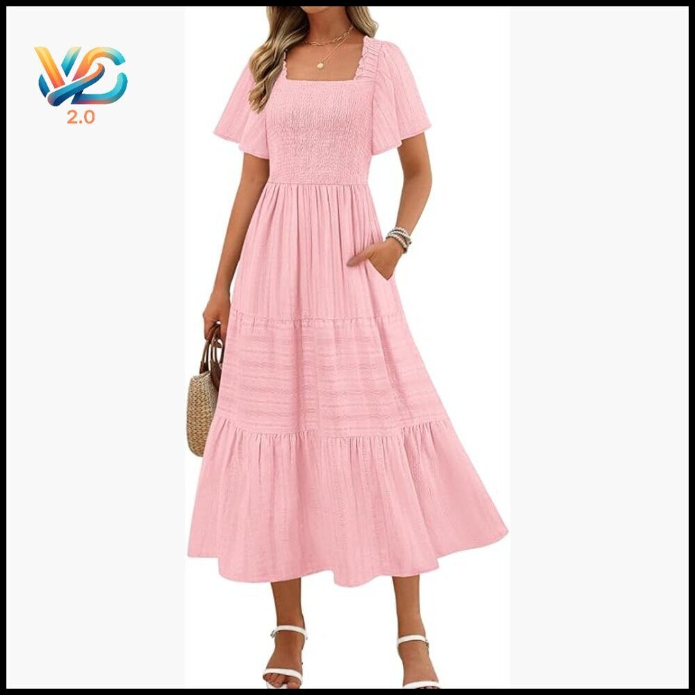 Summer Midi Dress with Pockets, Square Neck, Smocked Bodice, Tiered Ruffle